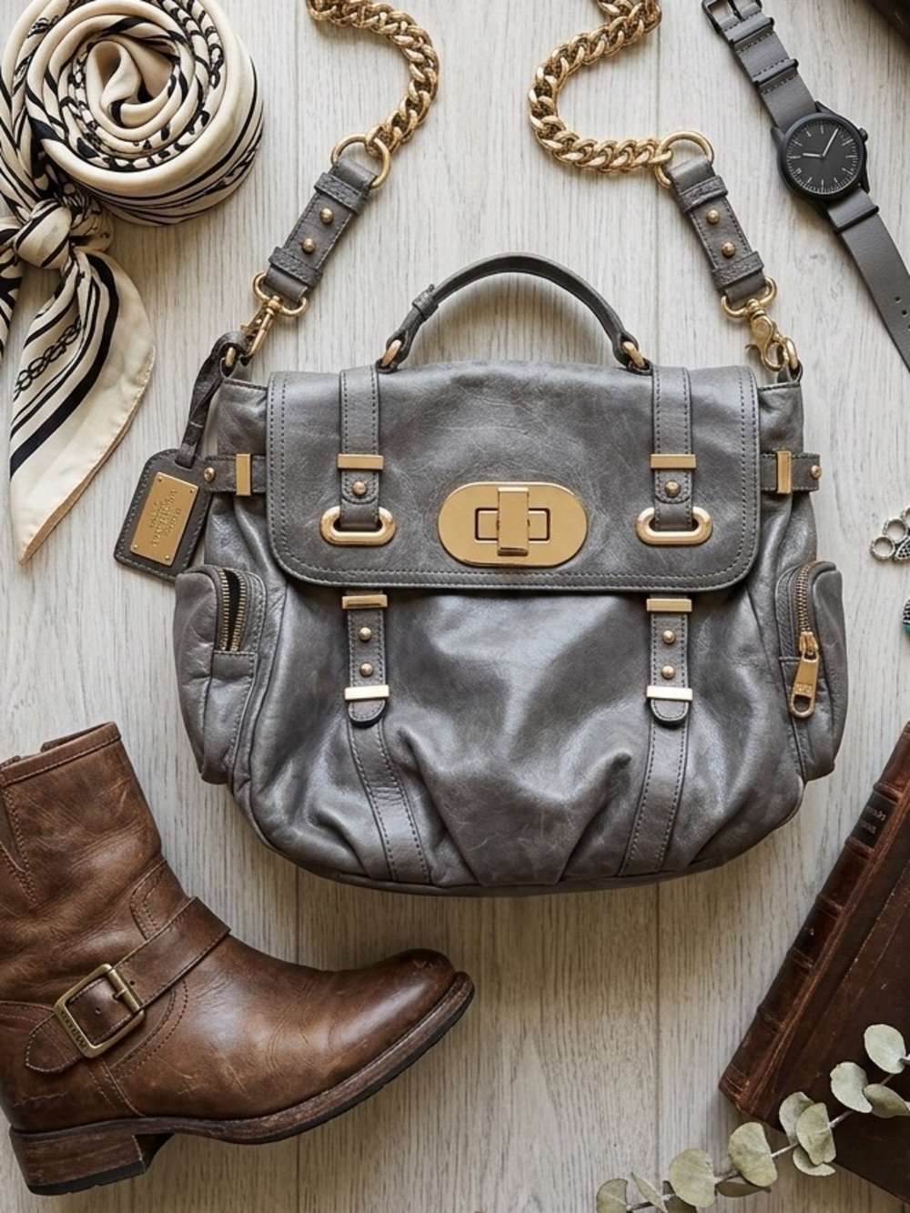 Badgley Mischka Gray Leather Satchel Gold Chain Crossbody Bag Grunge Whimsygoth